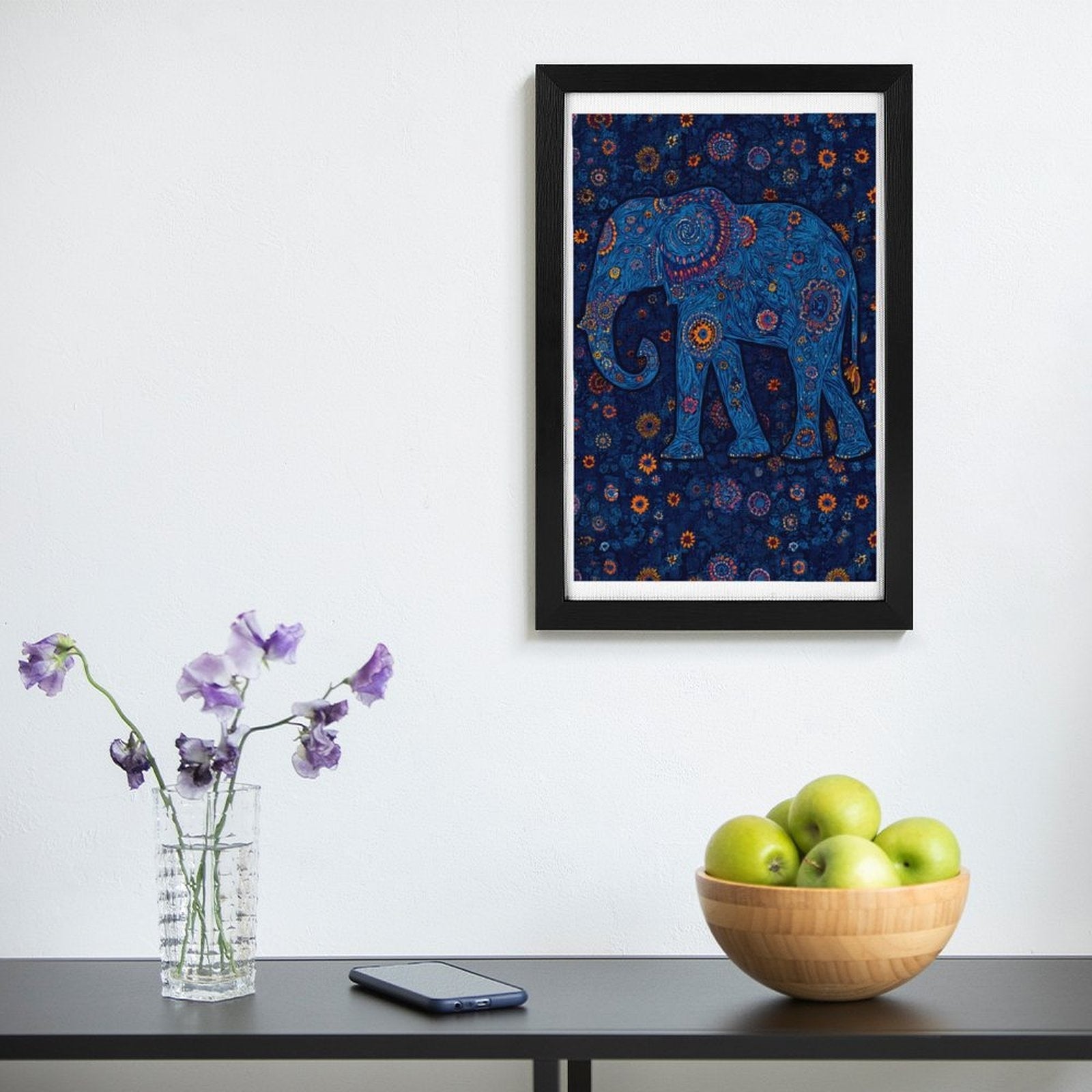 Intricate Boho Blue Elephant Flat-Frame Wall Art, Black Portrait