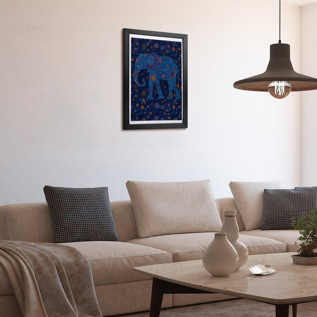 Intricate Boho Blue Elephant Flat-Frame Wall Art, Black Portrait