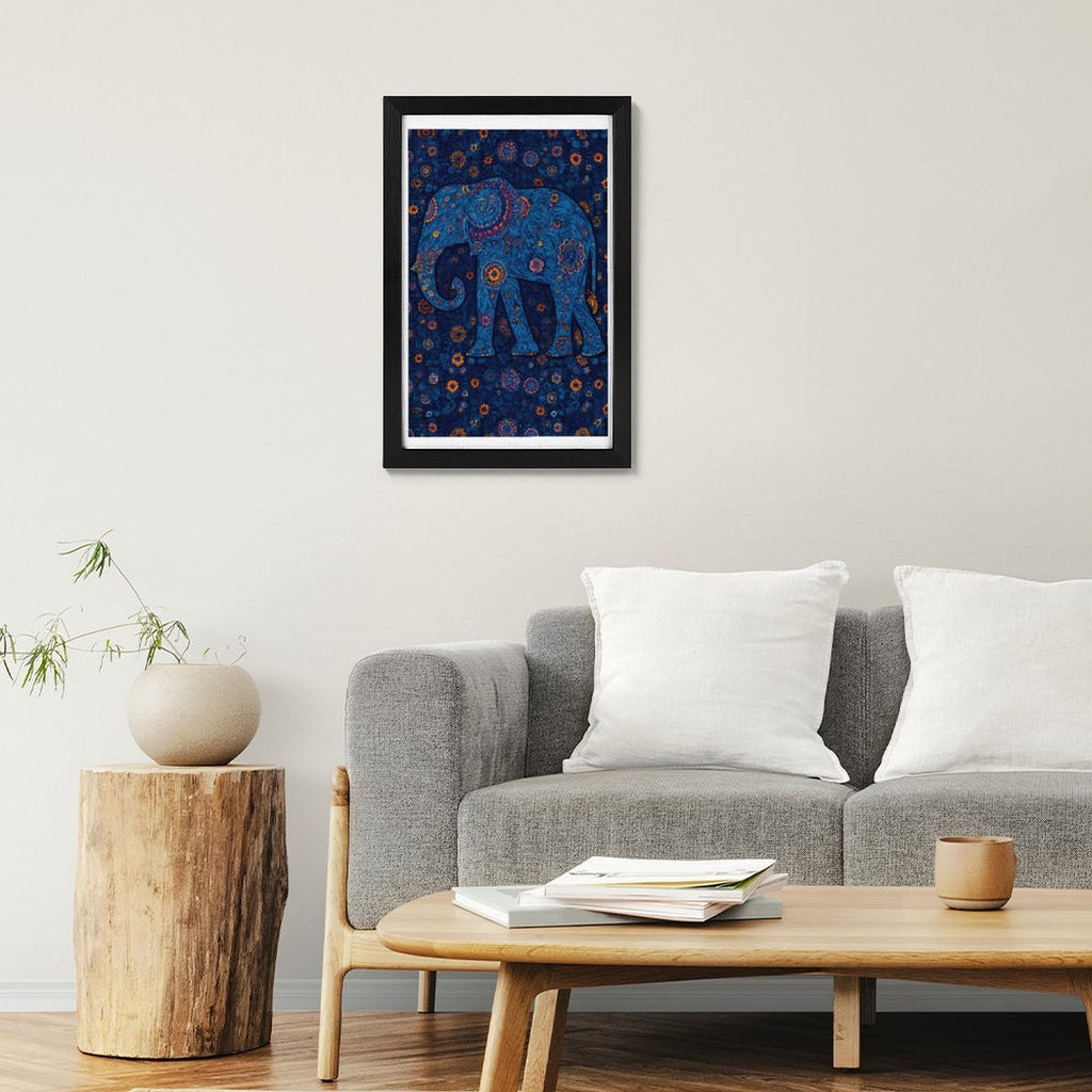 Intricate Boho Blue Elephant Flat-Frame Wall Art, Black Portrait