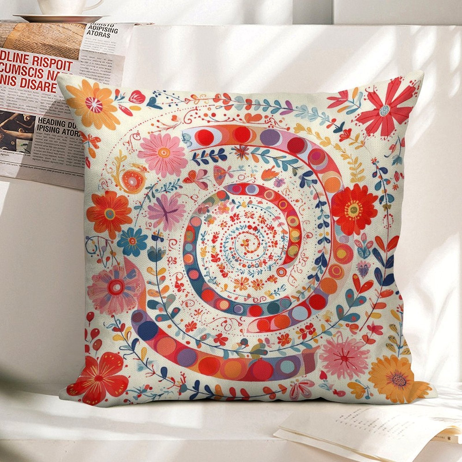 Spiral Garden Bloom Faux-Linen Throw Pillow Cover