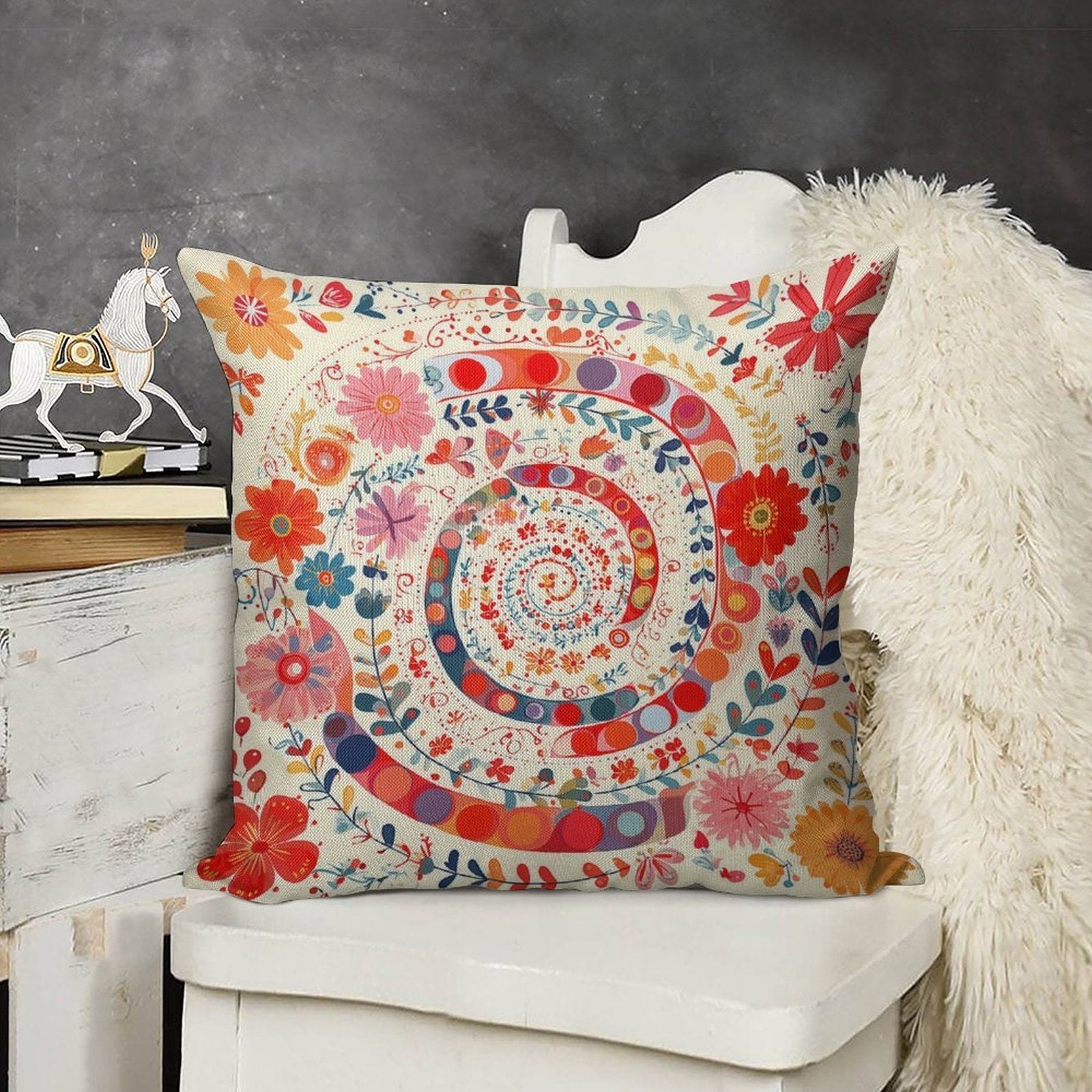 Spiral Garden Bloom Faux-Linen Throw Pillow Cover