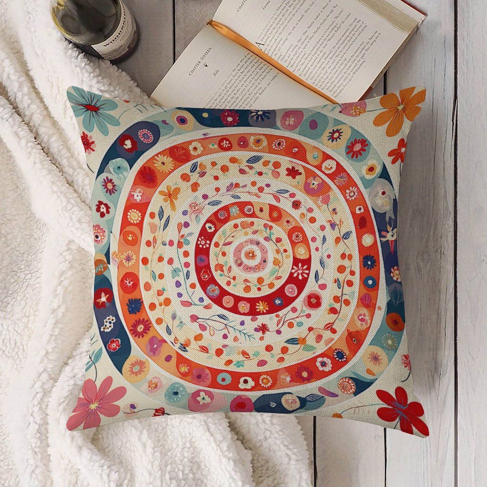 Bohemian Mandala Floral Faux-Linen Throw Pillow Cover