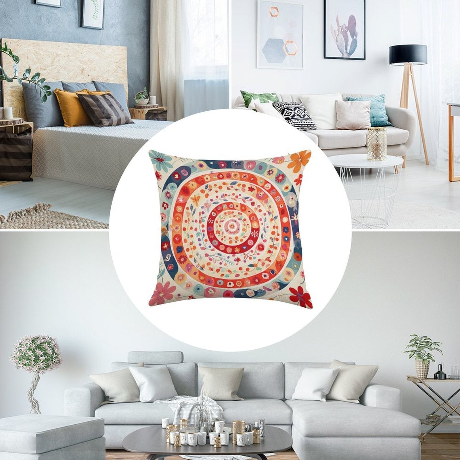 Bohemian Mandala Floral Faux-Linen Throw Pillow Cover