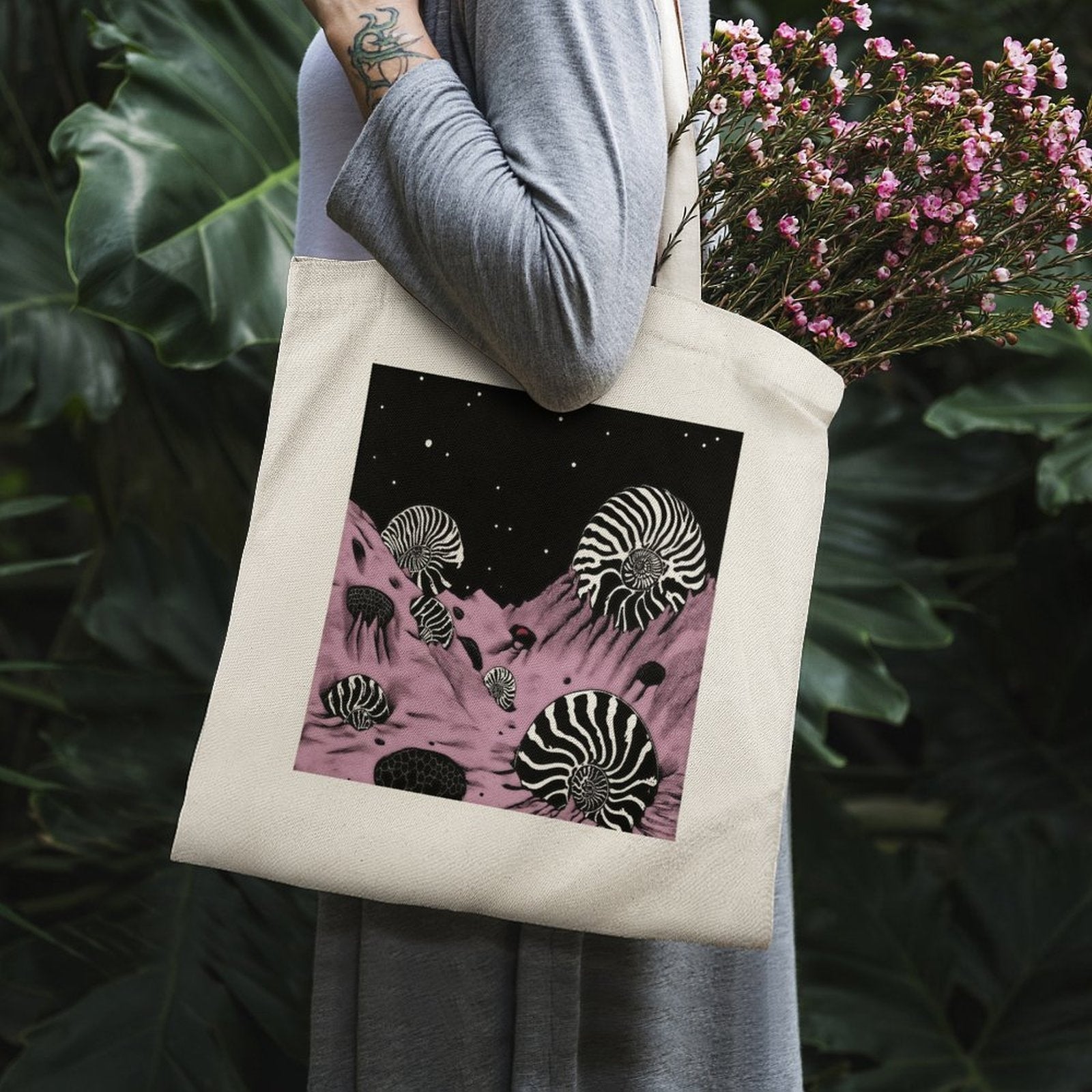 Surreal Geometric Nautilus Canvas Tote Bag