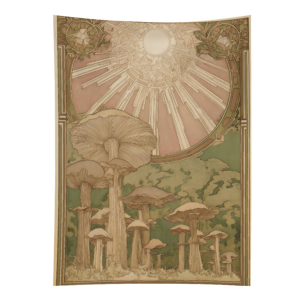 Art Nouveau Sunburst Mushroom Wall Tapestry (Portrait)