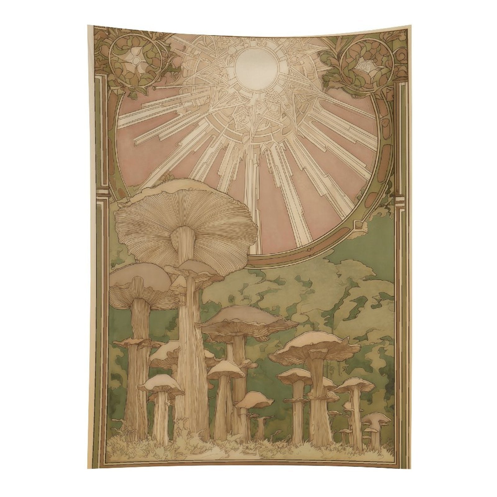 Art Nouveau Sunburst Mushroom Wall Tapestry (Portrait)