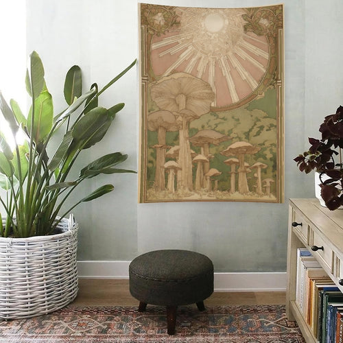 Art Nouveau Sunburst Mushroom Wall Tapestry (Portrait)