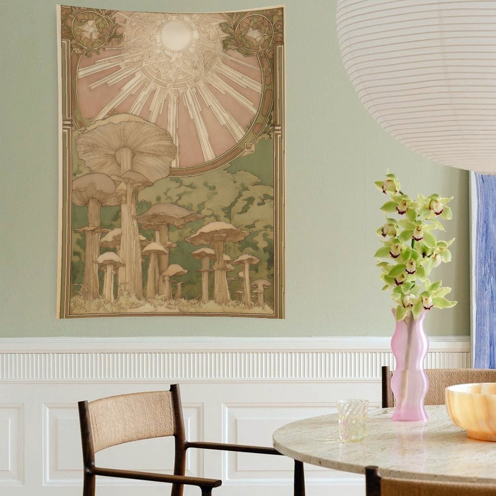 Art Nouveau Sunburst Mushroom Wall Tapestry (Portrait)