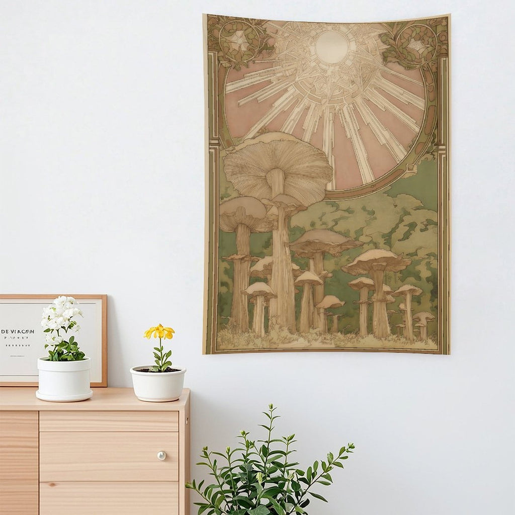 Art Nouveau Sunburst Mushroom Wall Tapestry (Portrait)