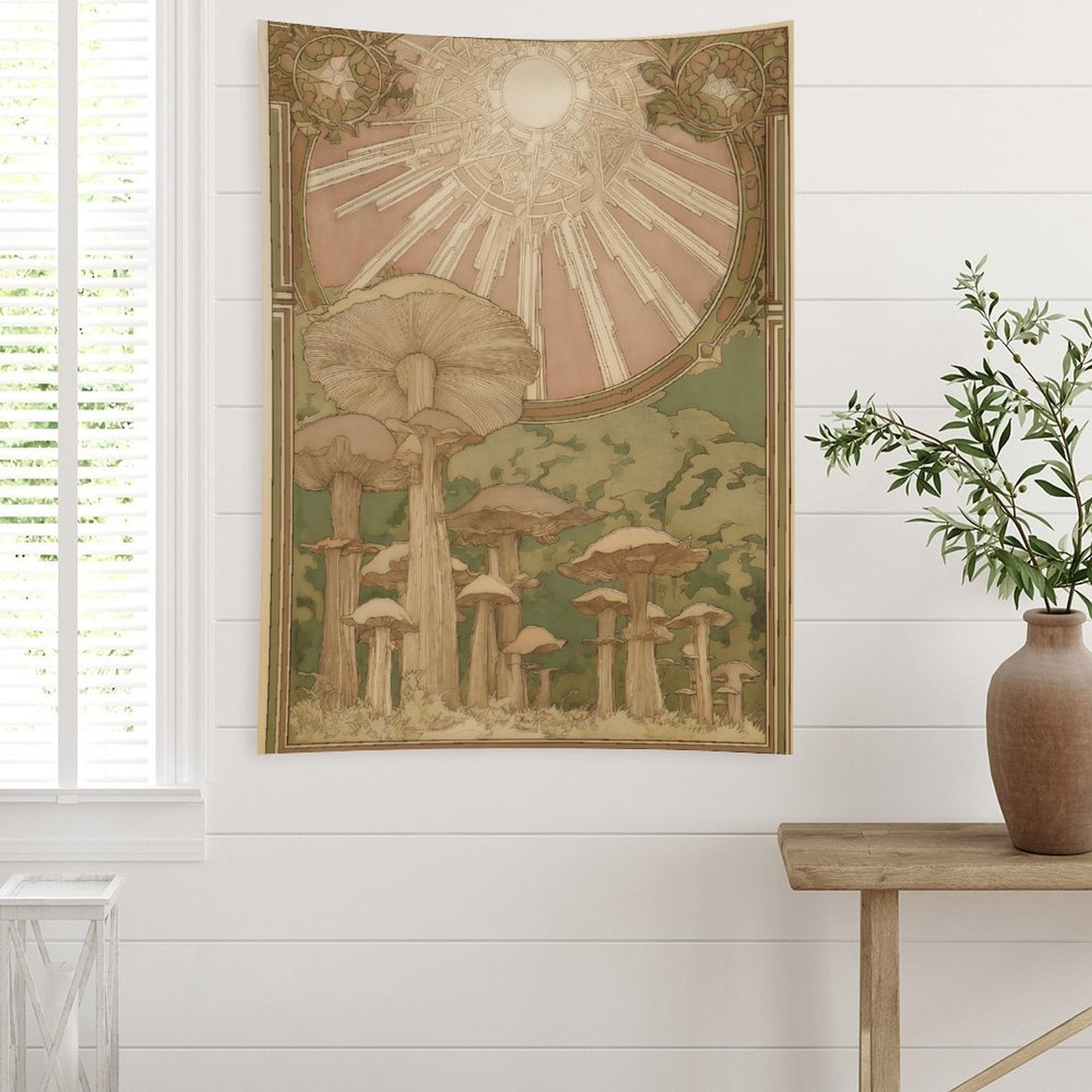 Art Nouveau Sunburst Mushroom Wall Tapestry (Portrait)