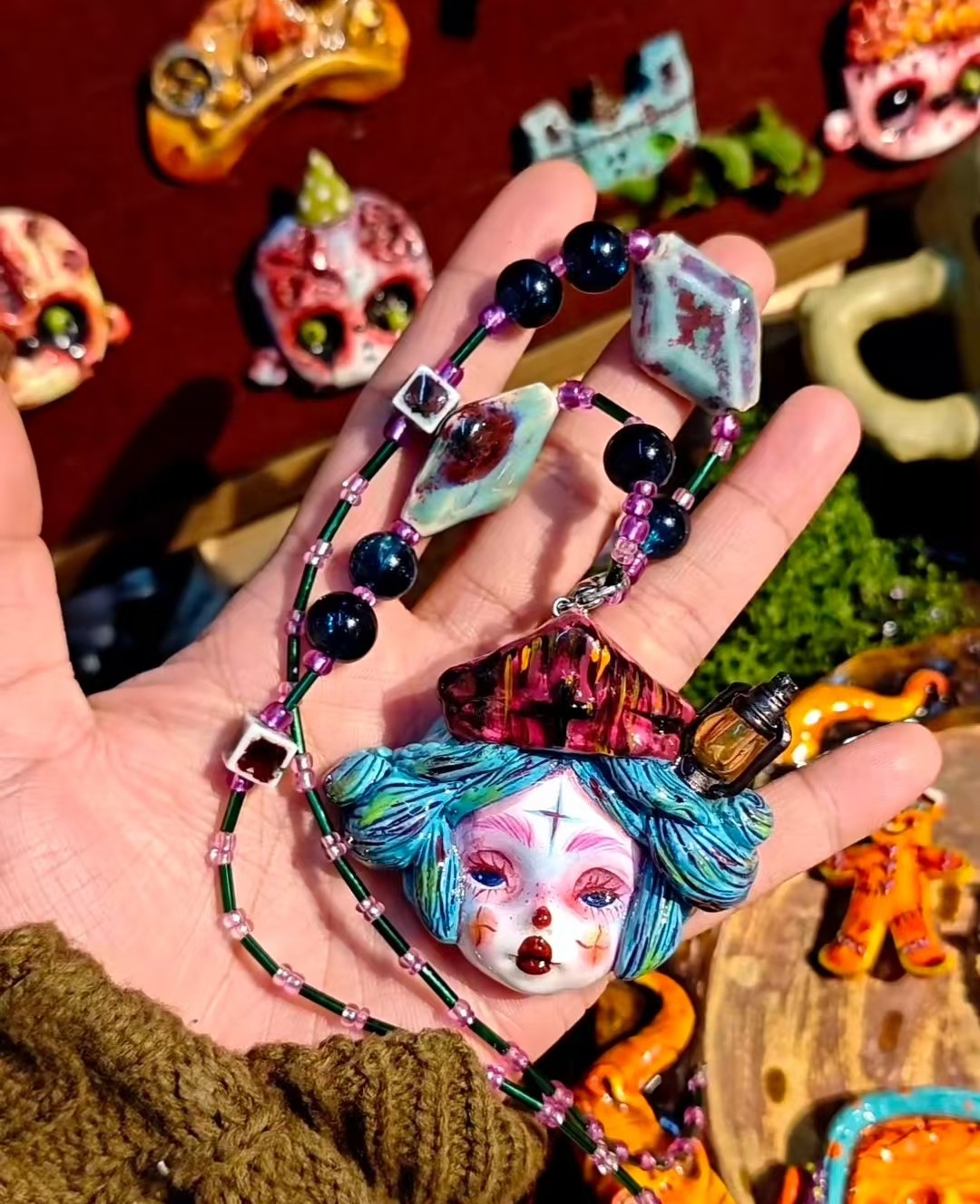 Handmade Fantasy Face Pendant Necklace