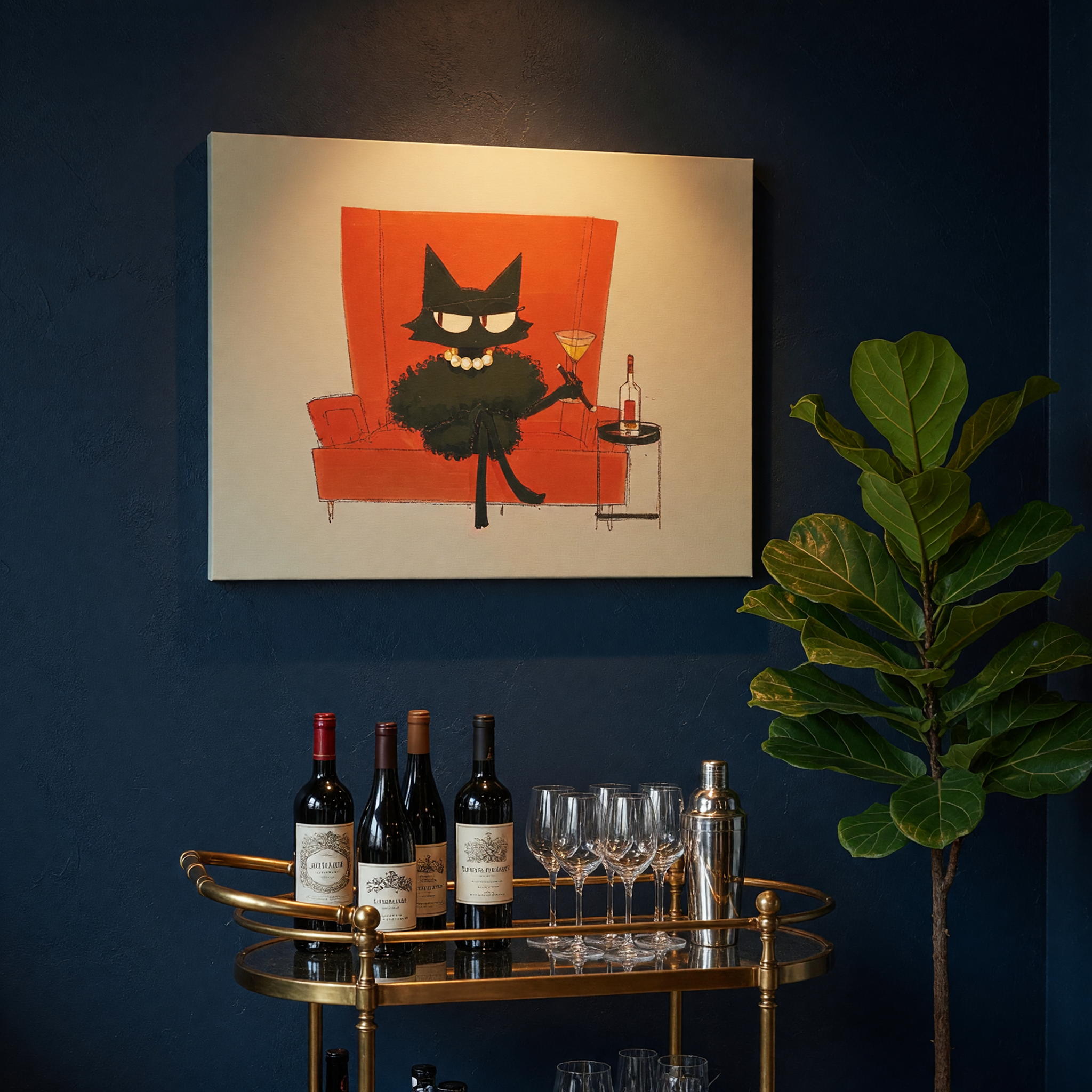 Sophisticated Noir Cat Framed Art Print | Mid-Century Cocktail Decor