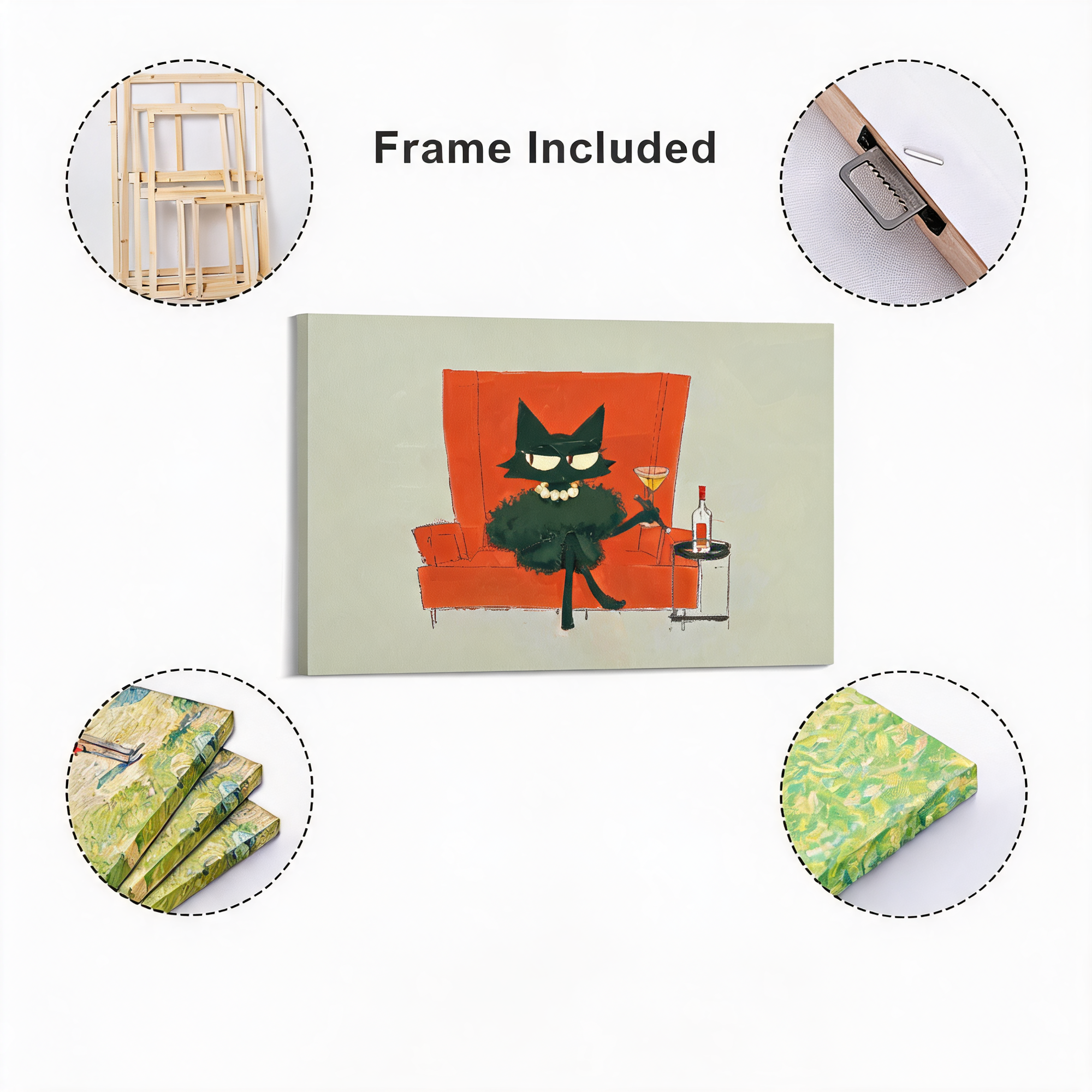 Sophisticated Noir Cat Framed Art Print | Mid-Century Cocktail Decor