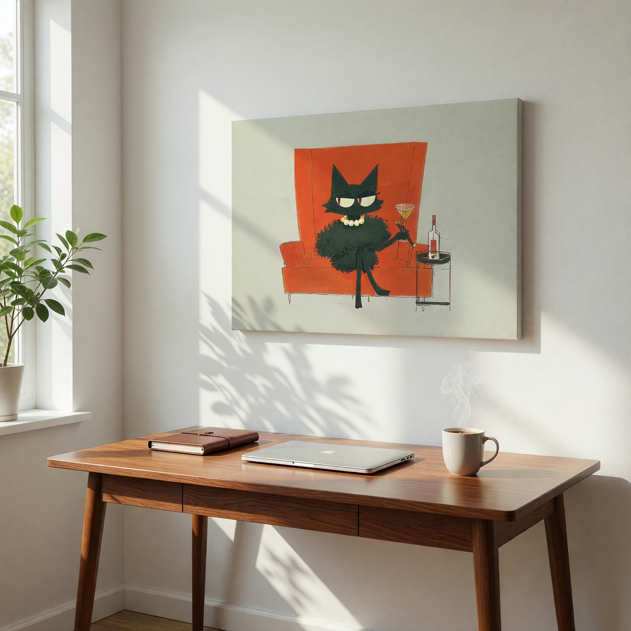 Sophisticated Noir Cat Framed Art Print | Mid-Century Cocktail Decor