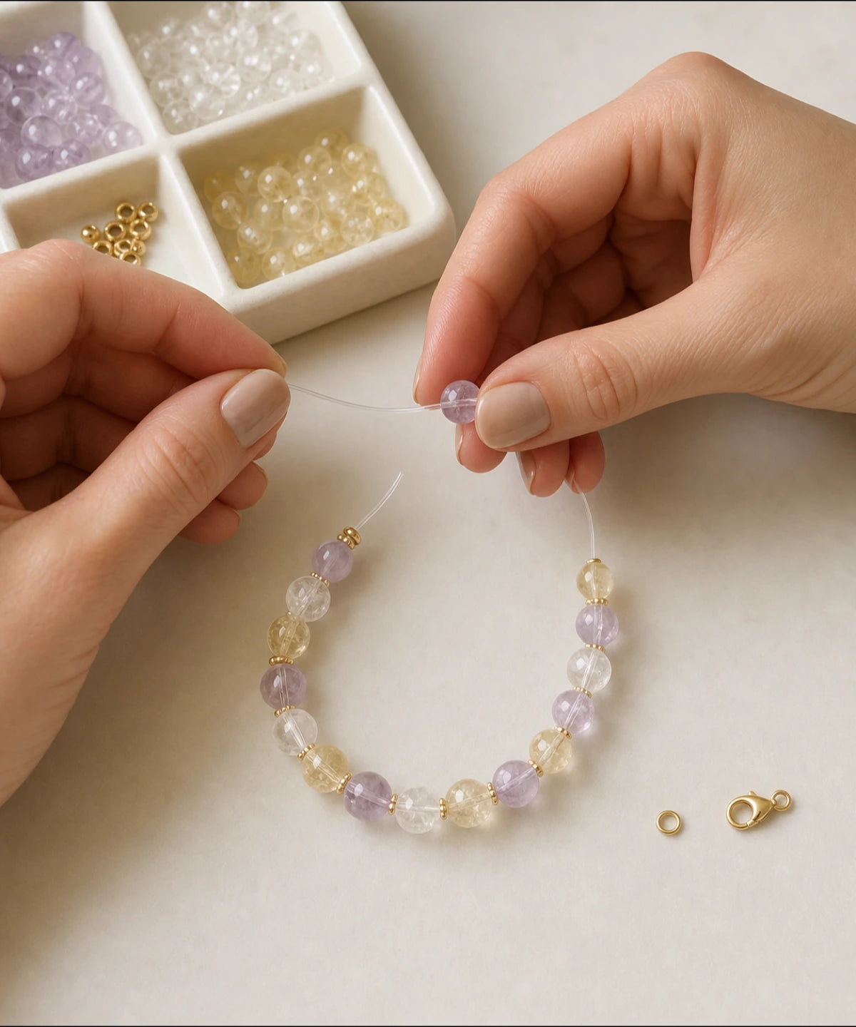 Artisan hand-stringing a custom crystal bracelet from a saved iwobbl design