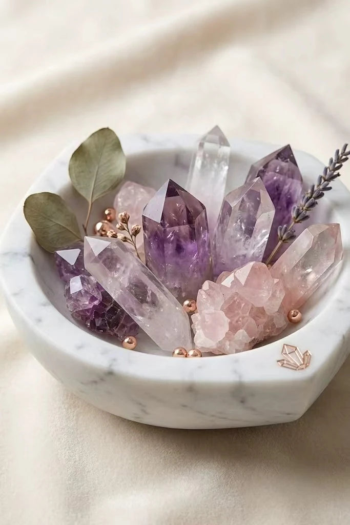 Amethyst, rose quartz and clear crystal points arranged in a marble bowl