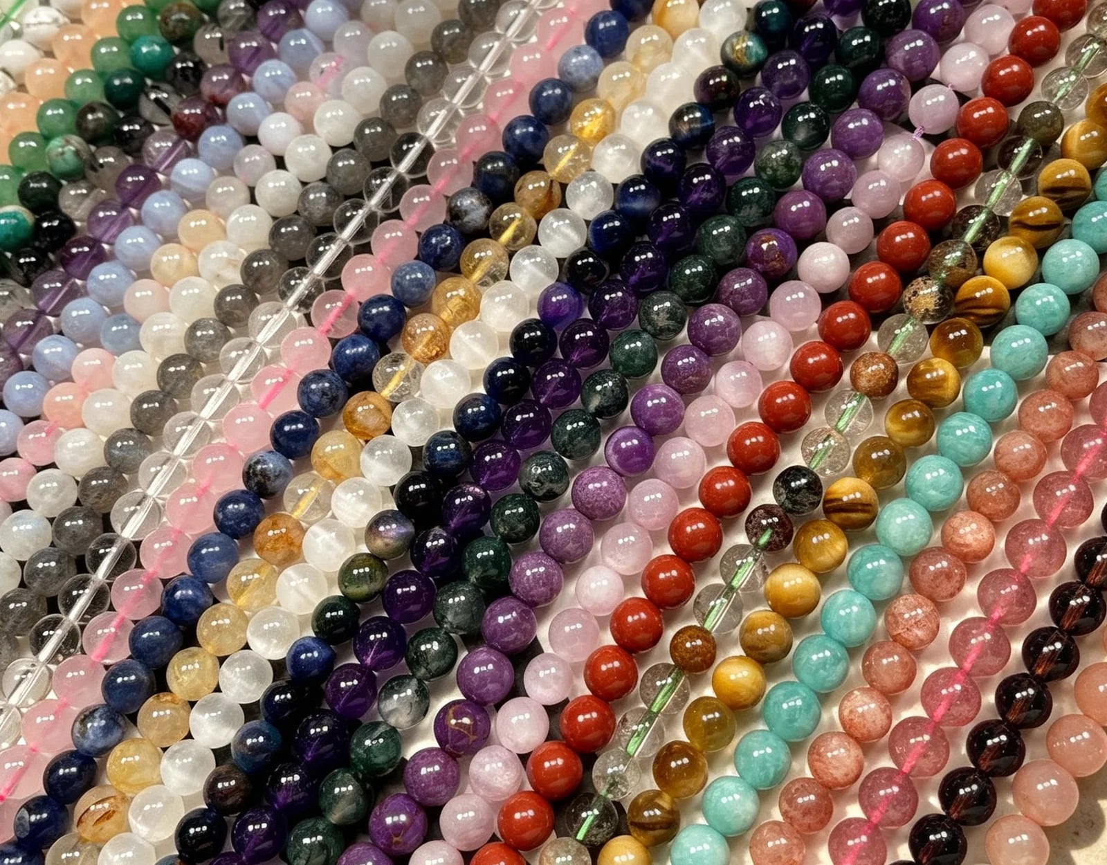 Rows of crystal bead strands in assorted colors